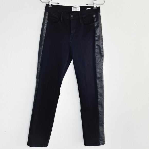 Frame Denim Le High Rise Straight Black Noir Coated Tuxedo Side Stripe Jeans 26 - Picture 4 of 14